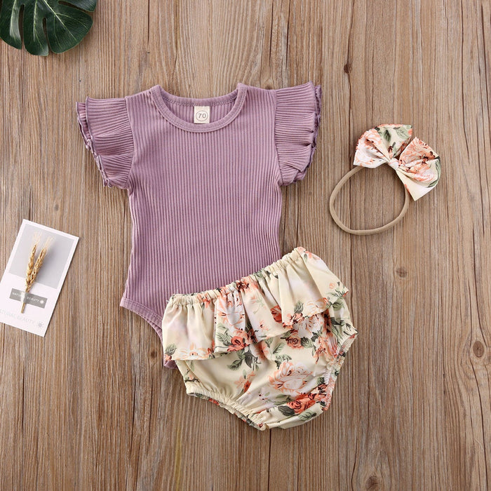 Ruffled Ribbed Floral Short Set