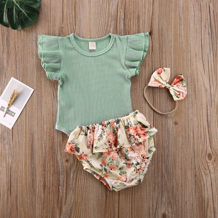 Ruffled Ribbed Floral Short Set