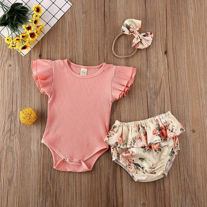 Ruffled Ribbed Floral Short Set