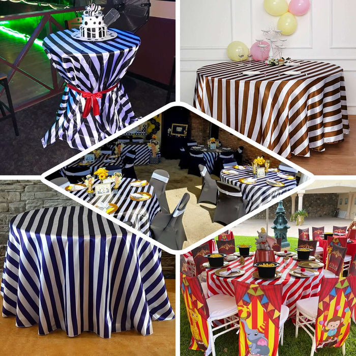 Colorful striped tablecloths for festive events and parties.