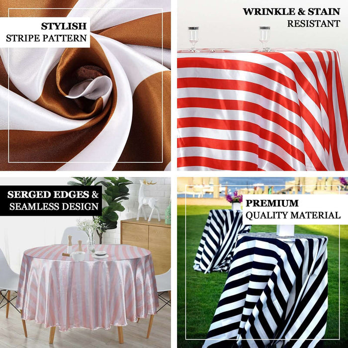 Stylish striped tablecloths in various colors and patterns for versatile decor.