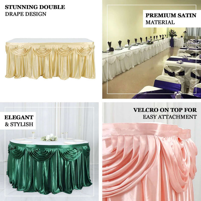 Elegant satin table drapes in various colors and designs for stylish events.