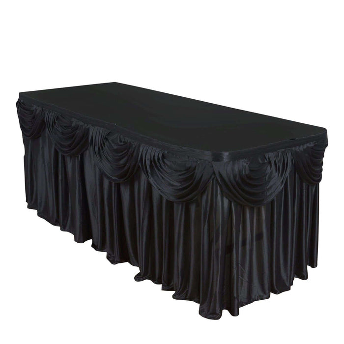Black table skirt with draped design for events and parties