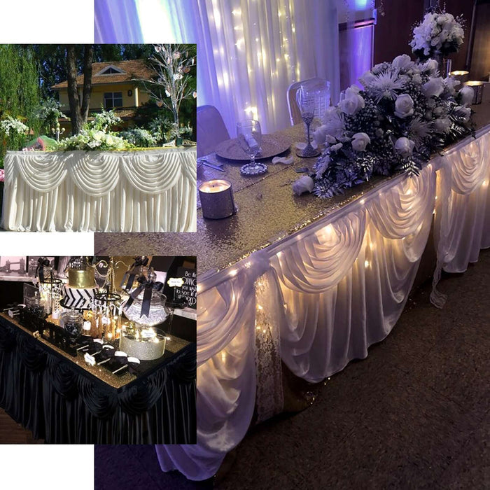 Elegant table draping with festive decor and lighting for events.