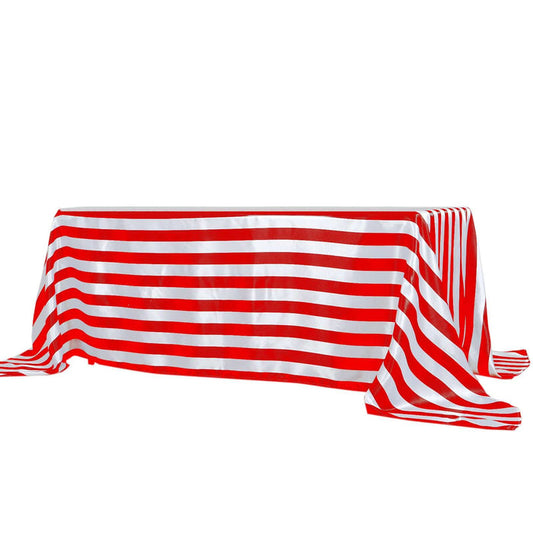 Red and white striped tablecloth draped over a table