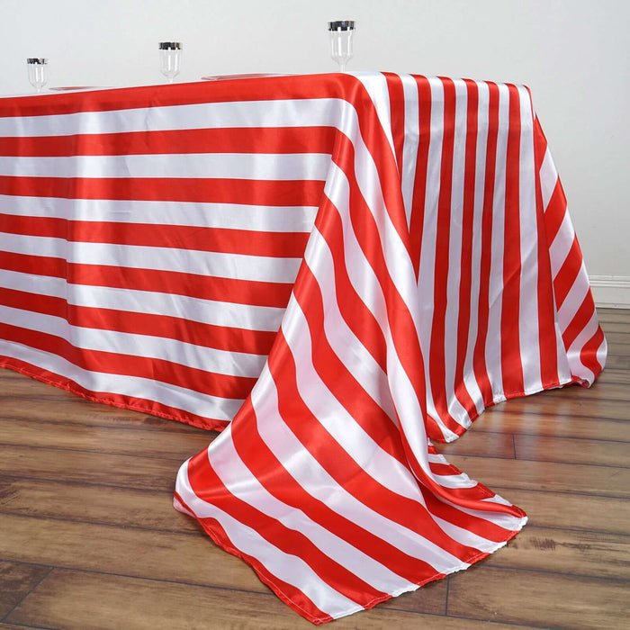 Red and white striped tablecloth draped over a table