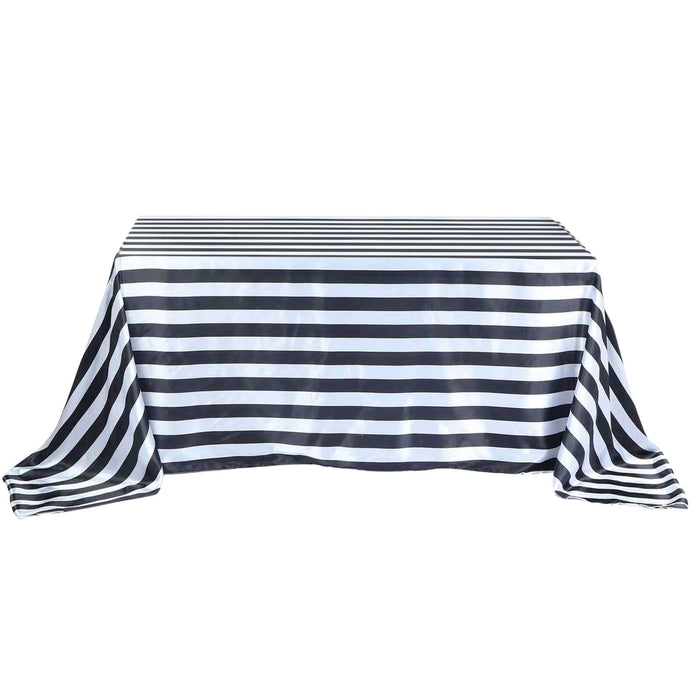 Black and white striped tablecloth on a table