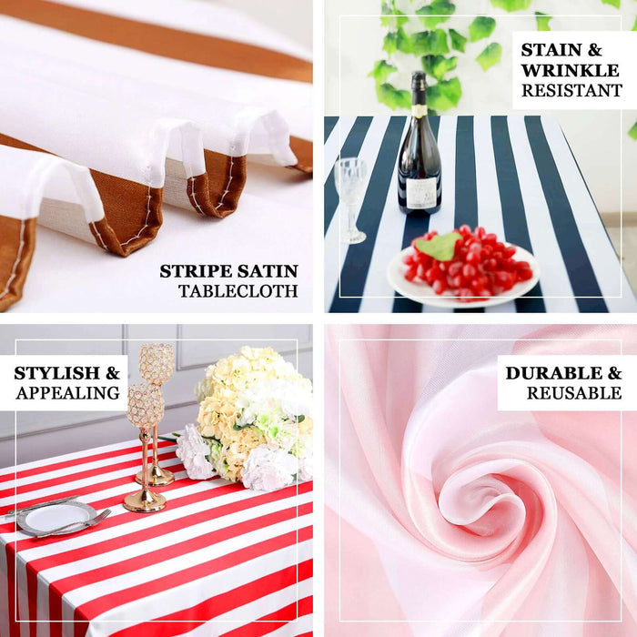 Stripe satin tablecloths in various styles, showcasing durability and stain resistance.
