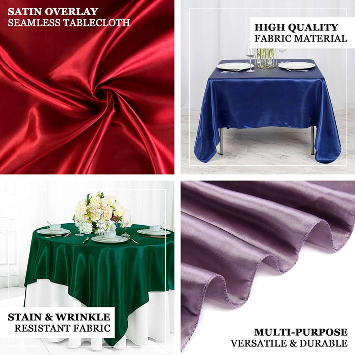 Satin tablecloths in red, blue, green, and purple; stain and wrinkle resistant fabric.
