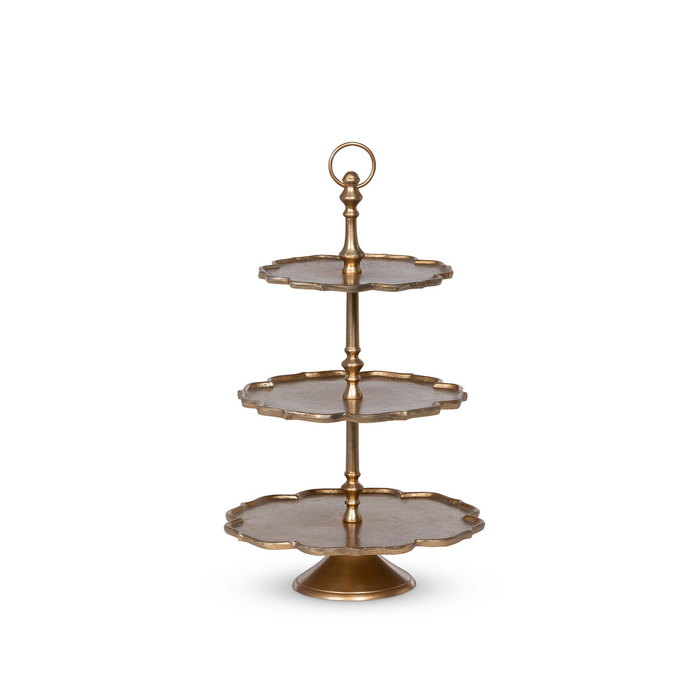 scalloped tiered server, gold tiered stand, cast aluminum server, three tier display stand, decorative dessert stand, vintage-inspired tiered tray, gold scalloped serving stand, tabletop centerpiece stand, tiered decor display, neutral metallic server