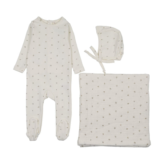 set footie bitsy floral with bonnet and blanket - cream/oat