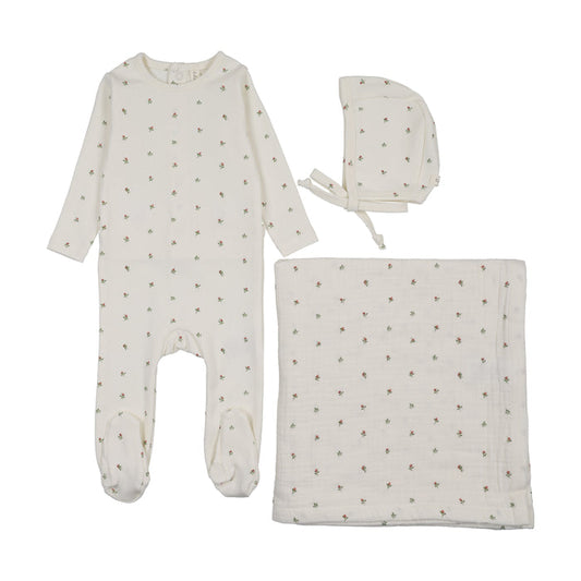 set footie bitsy floral with bonnet and blanket - cream/pink