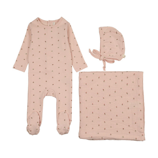 set footie bitsy floral with bonnet and blanket - pale pink