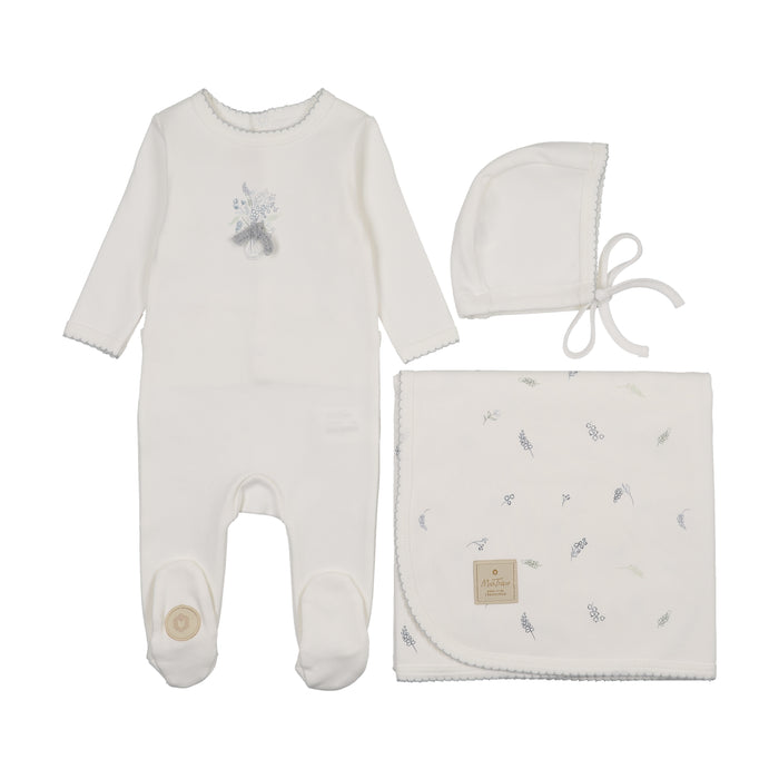 set footie bundle of blossoms with bonnet and blanket - ivory/blue