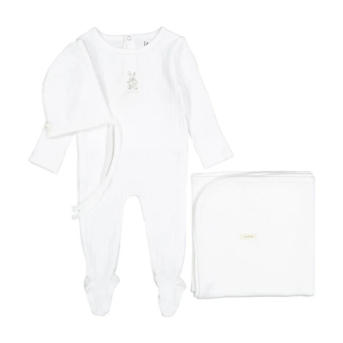 set footie cotton bunny with bonnet and blanket - sand