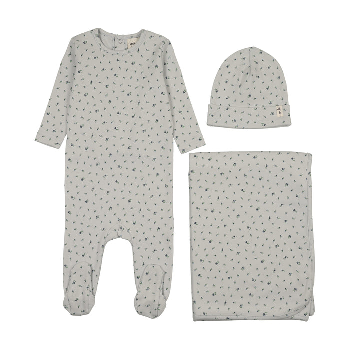 set footie floral print with beanie and blanket - navy