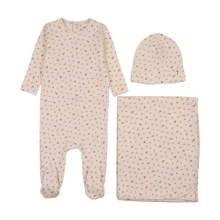 set footie floral print with beanie and blanket - pink