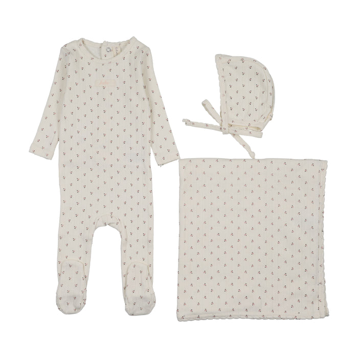 set footie floret print pointelle with bonnet and blanket - cream/pink