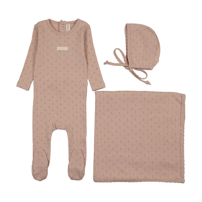 set footie floret print pointelle with bonnet and blanket - dusty pink
