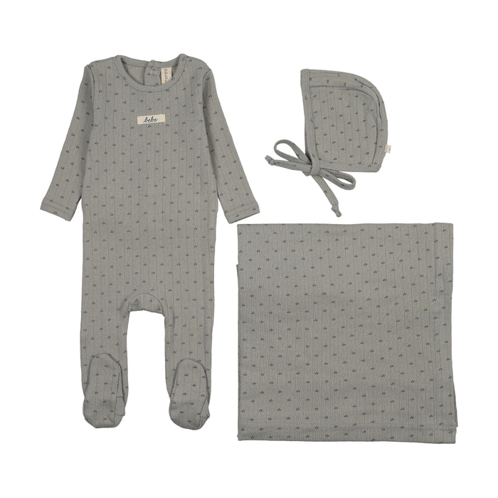 set footie floret print pointelle with bonnet and blanket - light blue