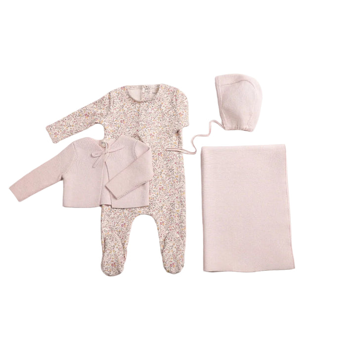 set footie petites fleurs with cardigan beanie and blanket - hushed pink