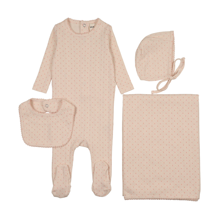 set footie pointelle tulip print with bonnet bib and blanket - pink