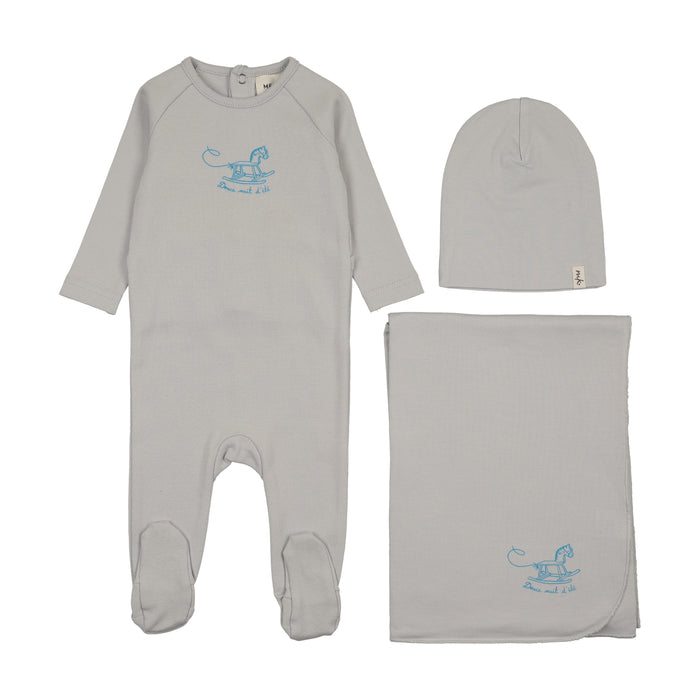 set footie rocking horse with beanie and blanket - grey dawn