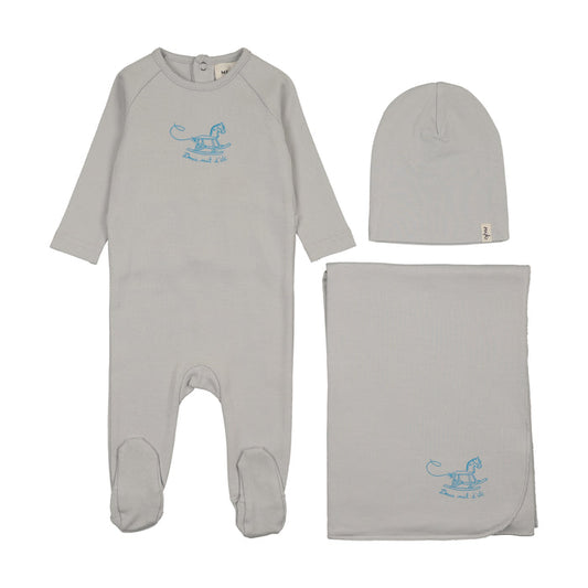 set footie rocking horse with beanie and blanket - grey dawn