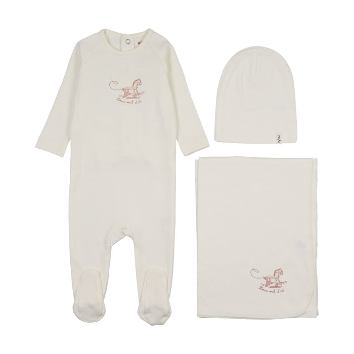 set footie rocking horse with beanie and blanket - ivory