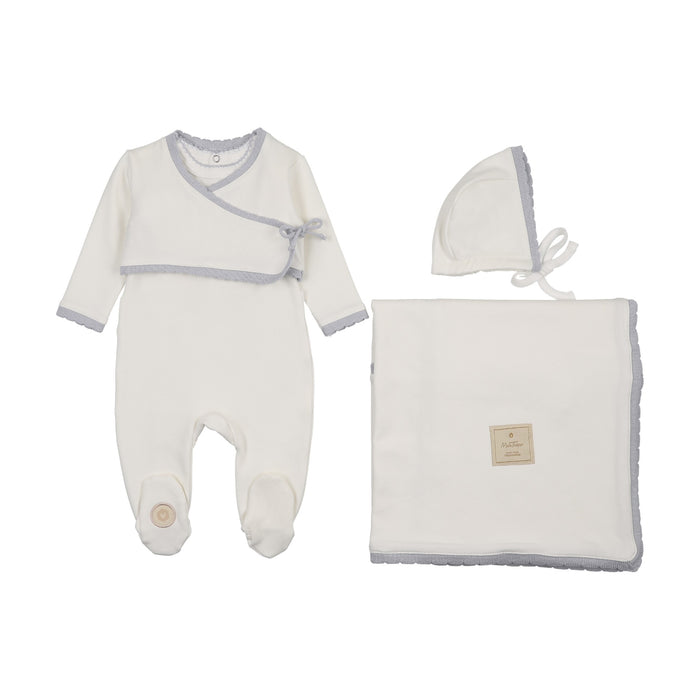 set footie scalloped wrap cardigan - ivory/blue
