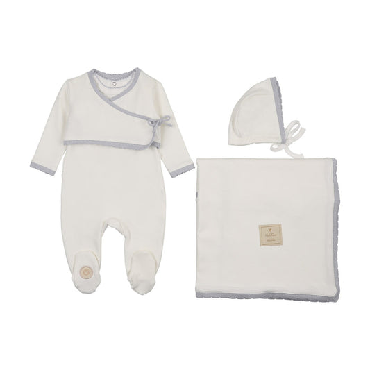 set footie scalloped wrap cardigan - ivory/blue