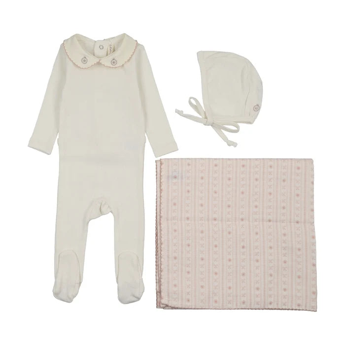 set footie sweetheart collared with bonnet and blanket - cream/pink