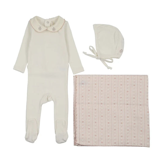 set footie sweetheart collared with bonnet and blanket - cream/pink