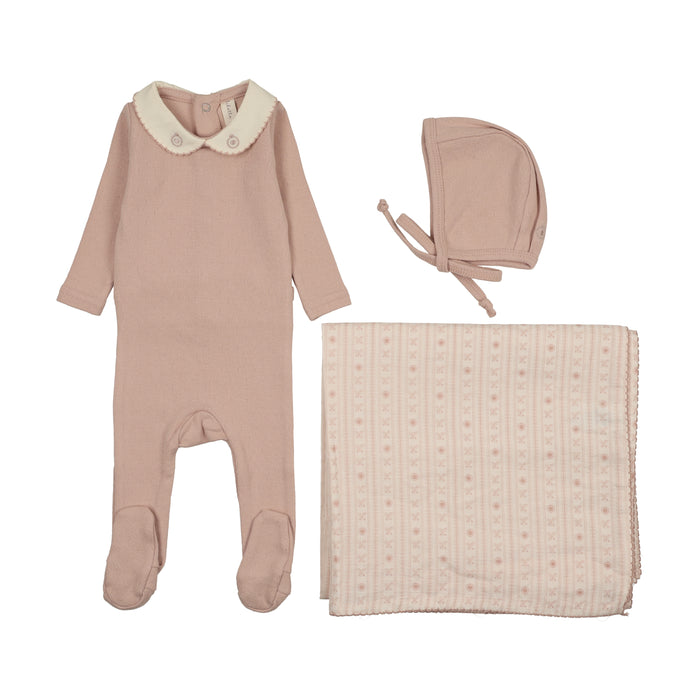 set footie sweetheart collared with bonnet and blanket - dusty pink
