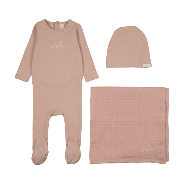 set footie take me home bebe with beanie and blanket - dusty pink