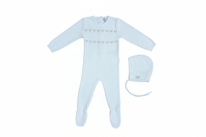 set knit chunky heart footie and bonnet - white/beige