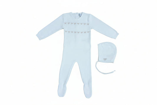 set knit chunky heart footie and bonnet - white/beige