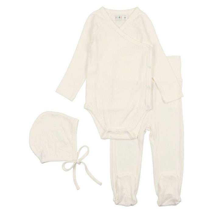 set knit wrap onesie and footie pants with bonnet - ivory