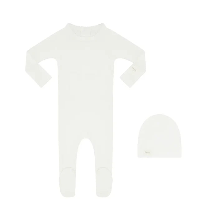 set knit wrap top and footie pants with beanie - ivory