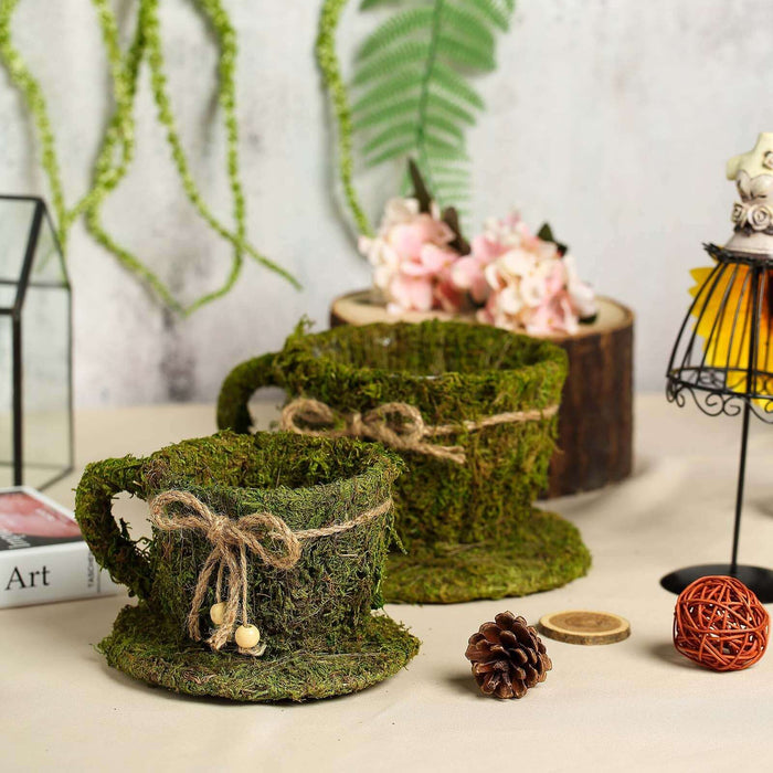 Moss-covered mugs with twine and decorative elements on a neutral background.