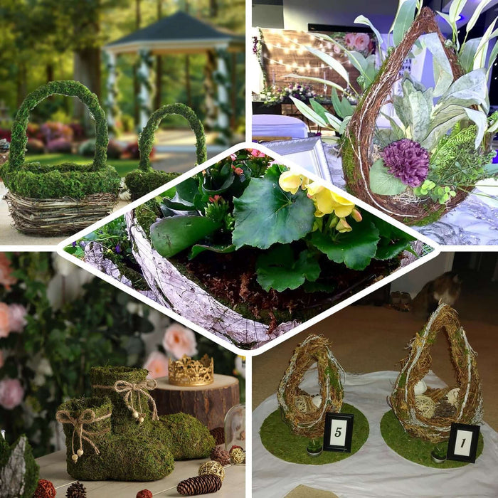 Decorative moss baskets and arrangements for events and celebrations.