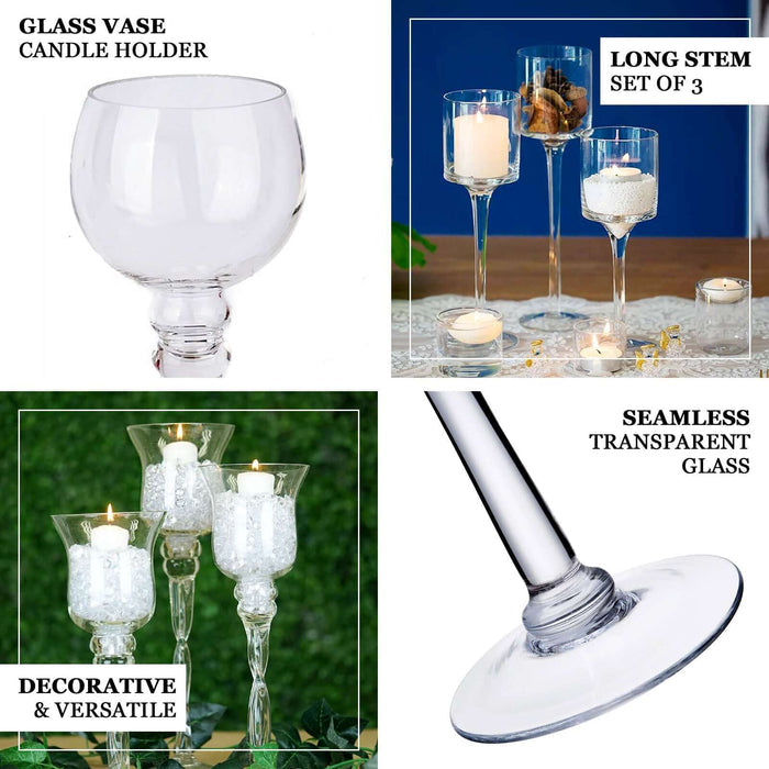 Set of 3 long stem glass vases for candles, decorative and versatile.