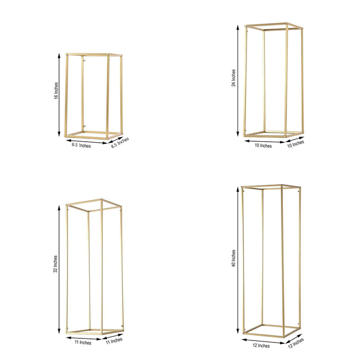 Gold geometric display stand with dimensions 18x10x34 inches.