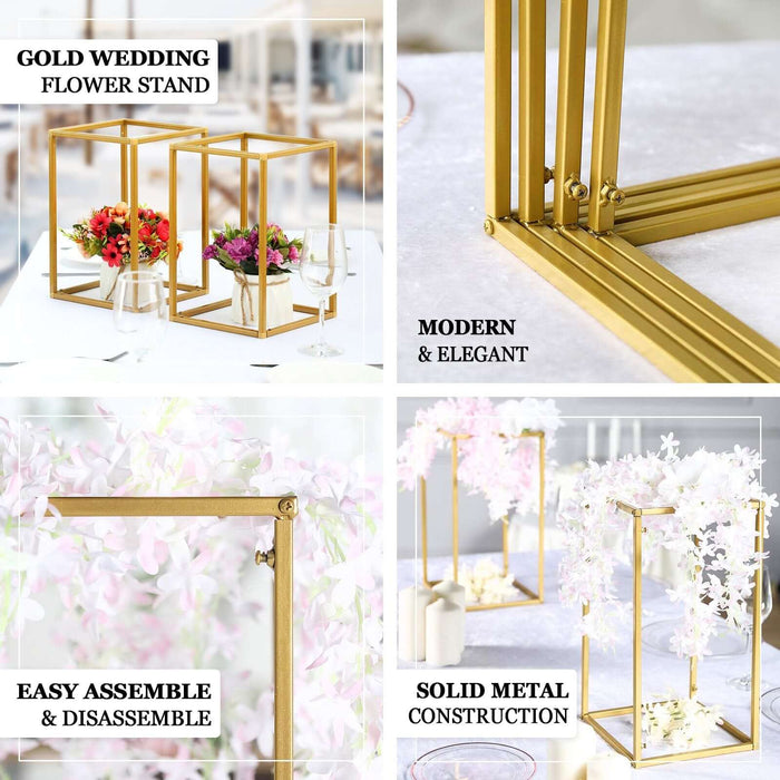 Gold wedding flower stand, modern and elegant design, easy assembly, solid metal construction.