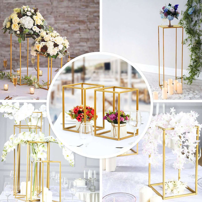 Decorative gold flower stands with floral arrangements for events and weddings.