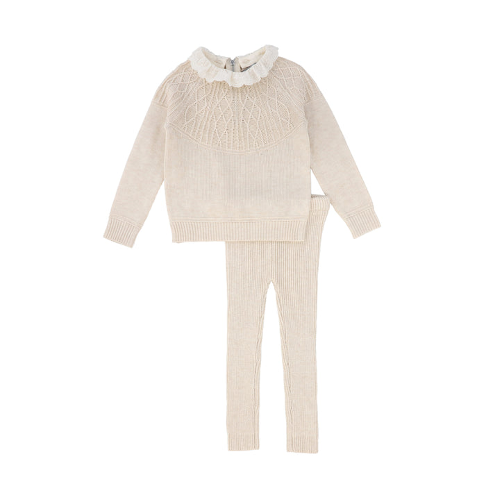 set outfit knit lace collared sweater and leggings - oatmeal