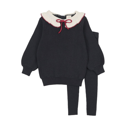 set outfit knit ruffle collar sweater and leggings - navy