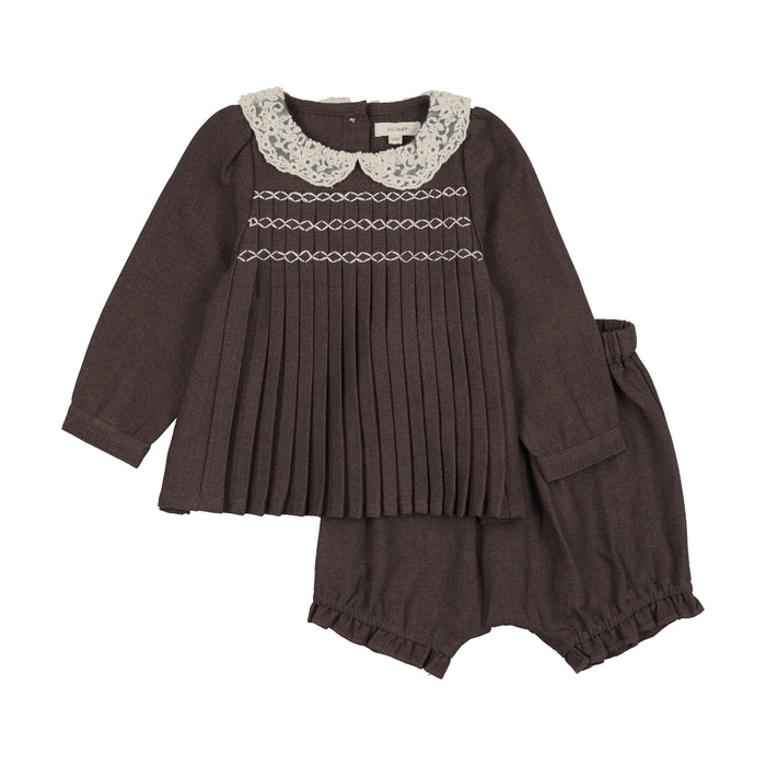 set outfit pleated lace trim blouse and bloomers - misty oat heather