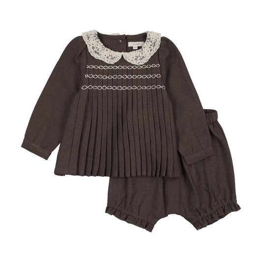set outfit pleated lace trim blouse and bloomers - misty oat heather