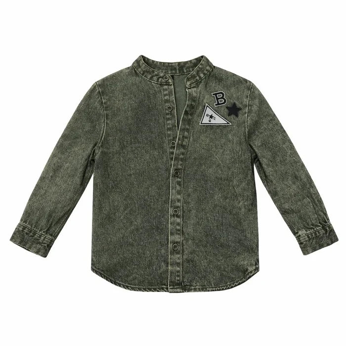 shirt l/s denim patch mandarin - green wash